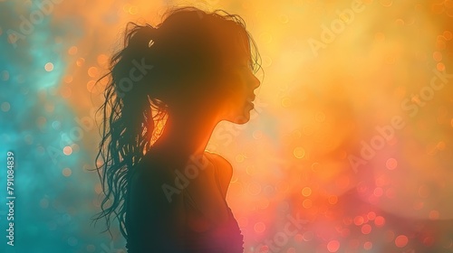   A woman with long hair poses against a blurred backdrop Bright light emanates from behind her head © Nadia