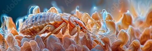 Bedbug Close-Up  Cimex Hemipterus on Bed Background photo