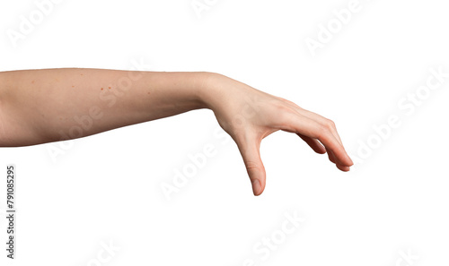 Hand gestures, white background. Woman showing signs with fingers, palm. Open, empty hand hold, take