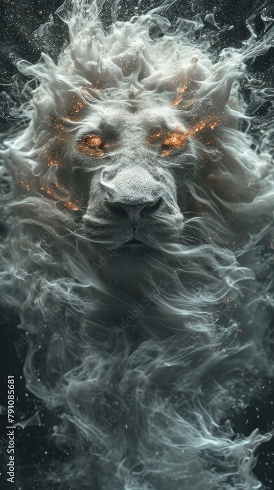 Zodiac symbol Leo made of dense smoke, sparks and flames, modern background with a lion.