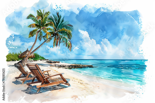 Watercolor painting of a chair under a coconut tree on the beach. © S photographer