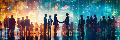 Silhouettes of business people on a colourful background