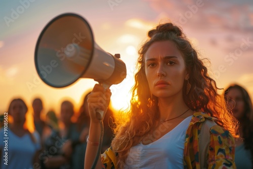 Determined Young Woman Holding Megaphone at Sunset During Outdoor Rally