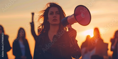Determined Young Woman Holding Megaphone at Sunset During Outdoor Rally