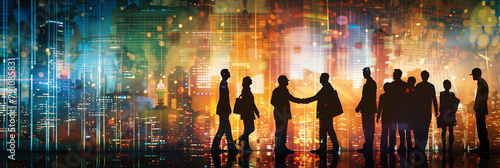 Silhouettes of business people on a colourful background