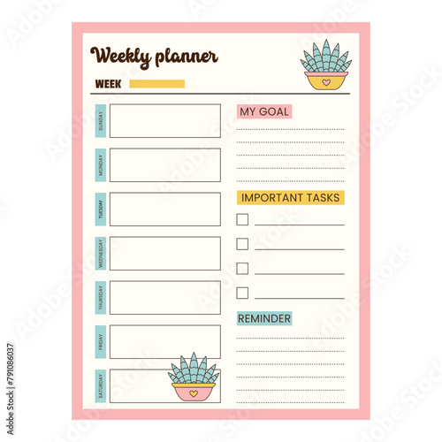 Weekly planner page with date, reminder, goal, important task. Weekly notes page. Vector illustration.