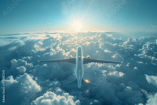 Selective focus of Passenger plane flying in the sky among the clouds.