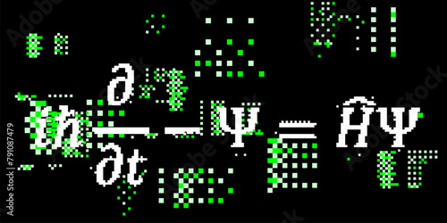 Schrodinger equation surrounded by pixel glitches and particles on a dark background. Conceptual vector illustration of  linear partial differential equation  of quantum-mechanical system.