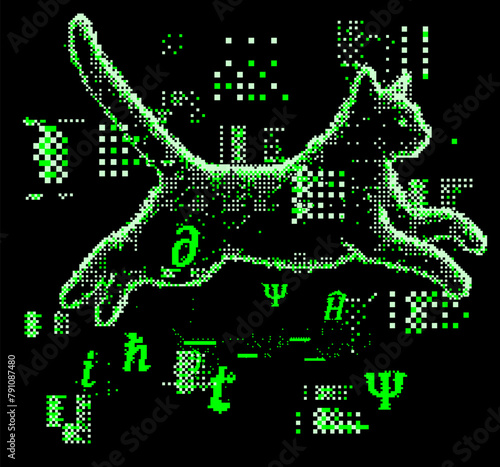 Vector illustration of Schrodinger cat in pixel art futuristic style. The concept of virtual reality simulation and quantum computing.