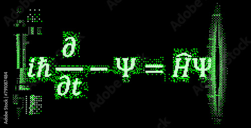 Schrodinger equation surrounded by pixel glitches and particles on a dark background. Conceptual vector illustration of  linear partial differential equation  of quantum-mechanical system.