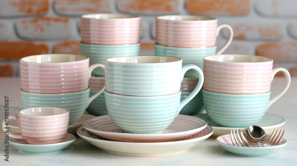 A table, covered with a white and blue tablecloth, holds cups and saucers Nearby, a brick wall stands A table, covered with a white and blue tablecloth, holds cups and saucers Nearby, a brick wall stands