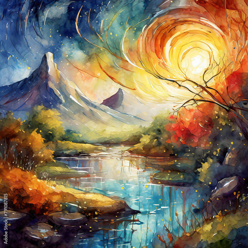 Painting of a serene landscape under a swirling  starry sky and radiant sun  showcasing nature   s beauty. Generative Ai.