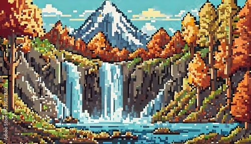 8bit pixel art waterfall cascade and autumn forest photo