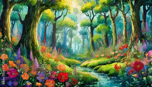 A detailed painting showcasing a dense forest filled with various trees and colorful flowers