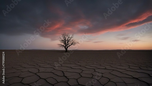 tree in desert _A barren landscape with a lone tree standing in the middle. The tree is half dead, 
