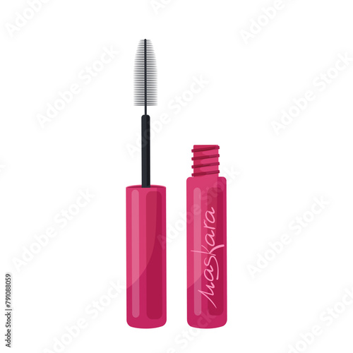 Opened mascara cartoon mockup with brush, black eyeliner decorative cosmetics isolated on white