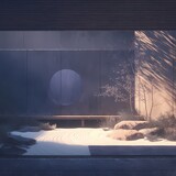 Explore the Timeless Beauty of a Traditional Japanese Zen Garden with this Softly Lit Scenic Image