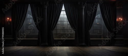 Dark room with velvet curtains and chandelier
