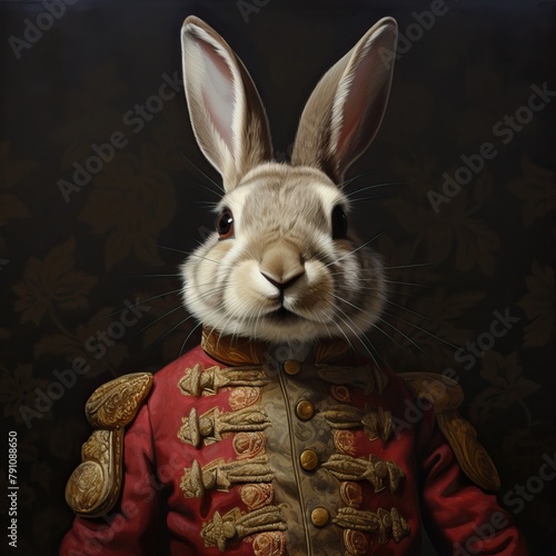 A digitally-created portrait of a rabbit with human-like features dressed in a noble historical military uniform photo