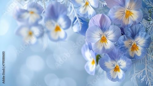   Blue and white flowers against a coordinating backdrop of blue and white, with snowflakes delicately falling above © Igor