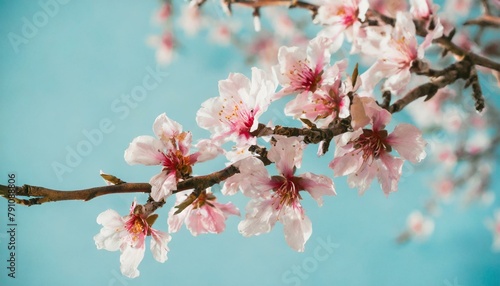 Branch with blooming pink almond tree flowers on pastel blue background. Ideal for spring ca