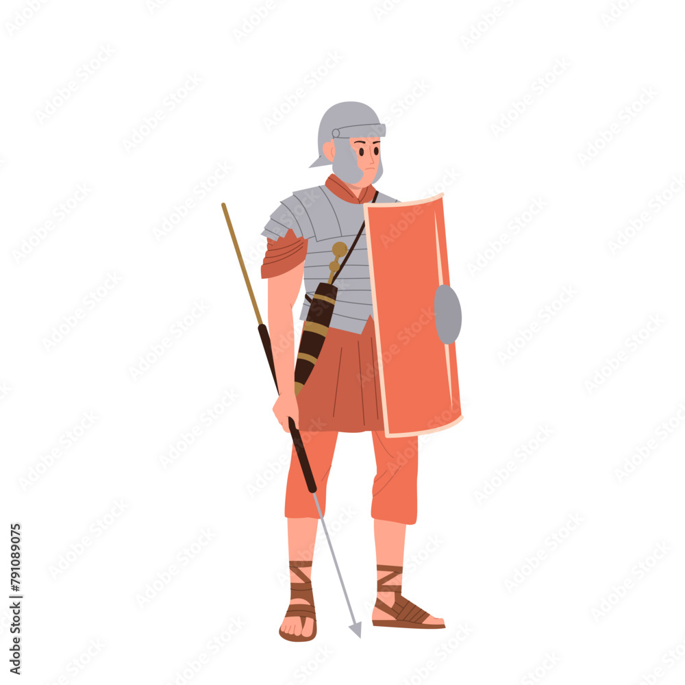 Ancient roman warrior cartoon character holding shield and spear wearing helmet, armor and sandals Ancient roman warrior cartoon character holding shield and spear wearing helmet, armor and sandals