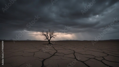 tree in desert _A barren landscape with a lone tree standing in the middle. The tree is half-dead,  © Jared
