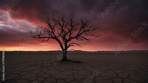 cracked earth _A barren landscape with a lone tree standing in the middle. The tree is half dead,   © Jared