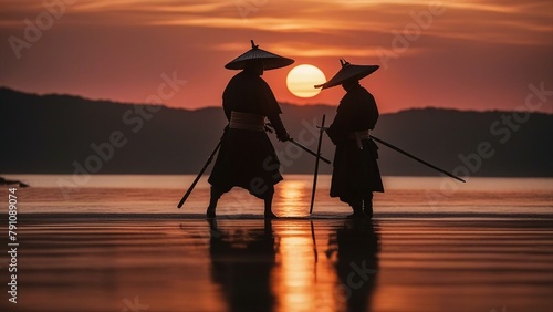 silhouette of two people in traditional clothing stand on the beach at sunset silhouettes © Jared