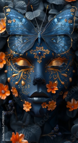 beautiful black woman in blue butterfly mask with golden wings and butterflies.