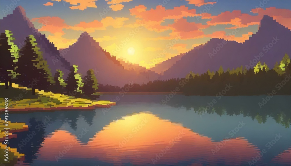 Mountain lake sunset landscape, 8bit 