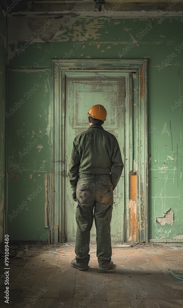 **Short description**: A person in work attire standing in front of a weathered door in an abandoned building **Short description**: A person in work attire standing in front of a weathered door in an abandoned building