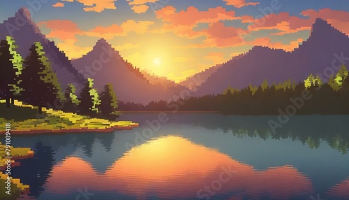 Mountain lake sunset landscape  8bit 