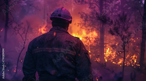 A firefighter stands before a raging forest fire