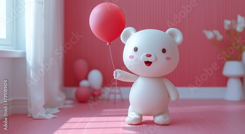 cute 3 d illustration of a white bear with a red bow and a heart balloon on a pink background.