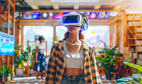 Metaverse Immersion: Futuristic Woman Exploring Avatars in Virtual Reality World from Home photo