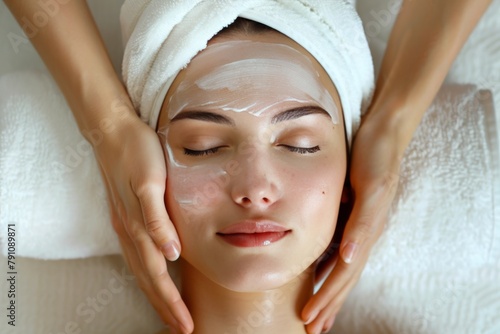 Soothing spa escape: woman enjoying blissful facial massage for deep relaxation