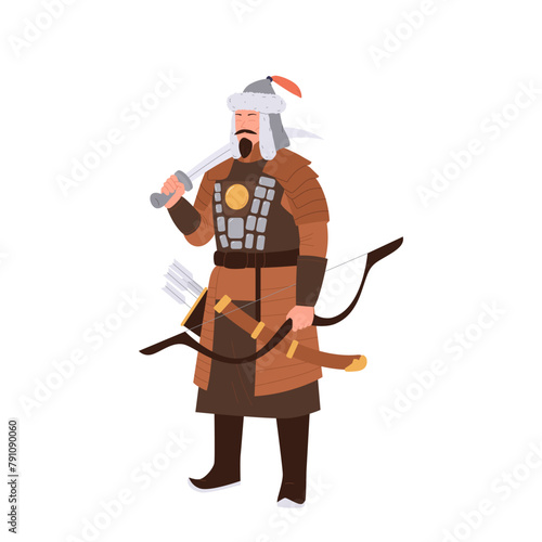 Ancient Mongol warrior cartoon character wearing tribal clothing armored with ethnic weapon