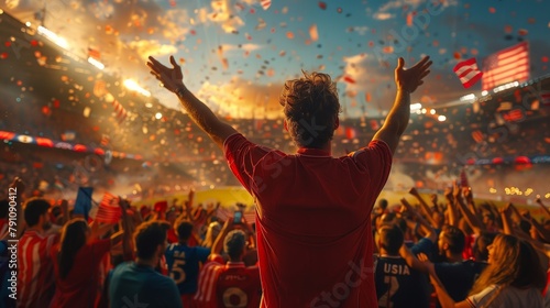 Fans with American symbols and the US flag at the stadium celebrate the victory. Emotions of victory. Crowd of people celebrating Independence Day, Football fans, Olympic Games. Sports competitions.