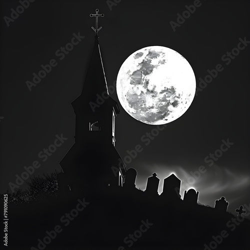 large moon silhouetting a church spire and graveyard