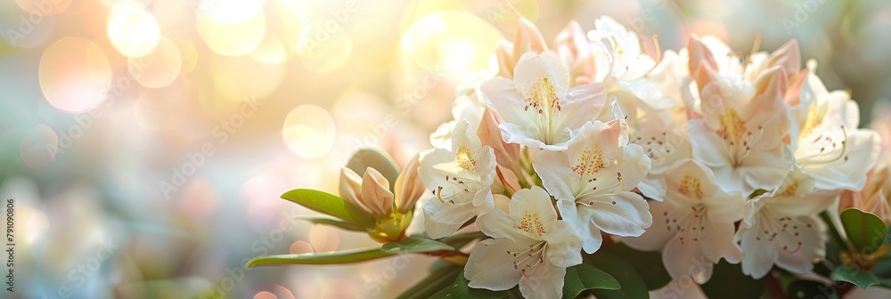White rhododendron bloom in garden against soft pastel background, serene and beautiful scene - obrazy, fototapety, plakaty 