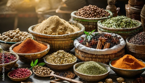 Various spices and herbs and dry fruits in the local market on a stall in the Arabian market