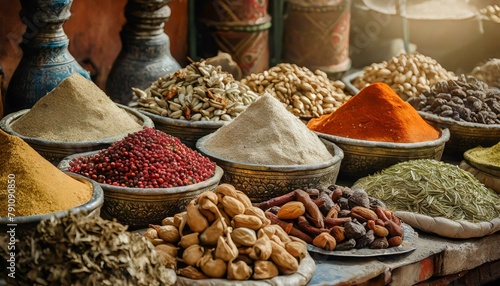 Various spices and herbs and dry fruits in the local market on a stall in the Arabian market