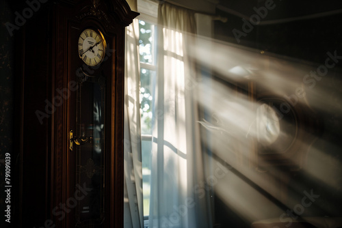 A clock set forward with the sunlight streaming through the window
