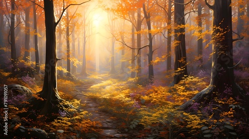 Panoramic image of a majestic beech forest in a fog at sunrise. Mighty tree trunks  golden leaves. Idyllic autumn landscape. Pure nature  ecology  environmental conservation  ecotourism