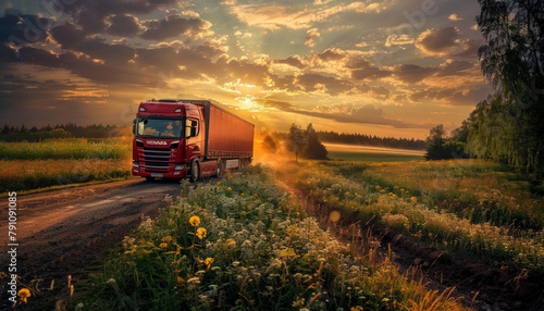A red semi truck is driving down a dirt road in a field photo