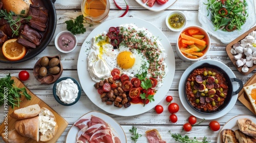 Delicious Turkish breakfast meals on the table from top view