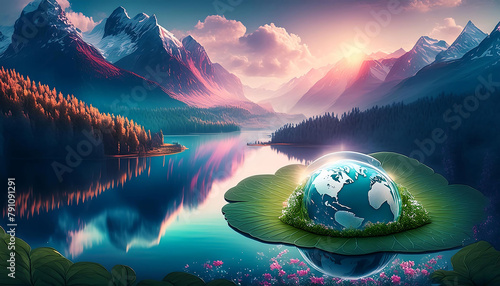 earth day, World globe in water drop on cloverleaf photo
