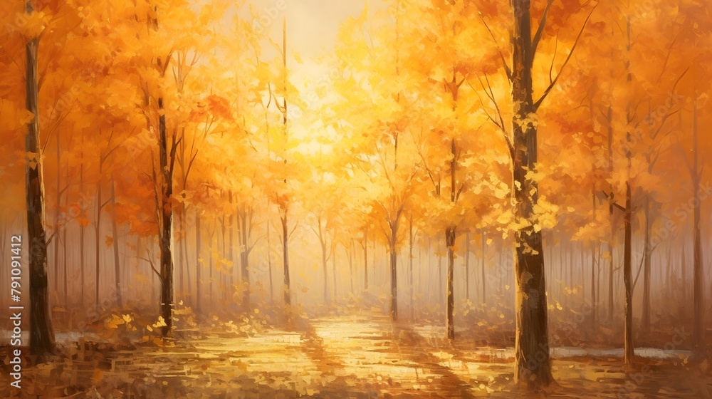 Autumn forest with fog and sunbeams - panoramic background