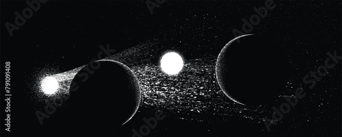 Comet and planet in space. Futuristic landscape, with noise texture . Night landscape with starry sky .Vector illustration